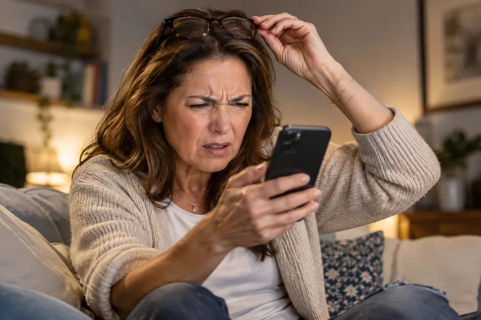 Una donna con gli occhiali da lettura in mano che fatica a leggere lo schermo del telefono