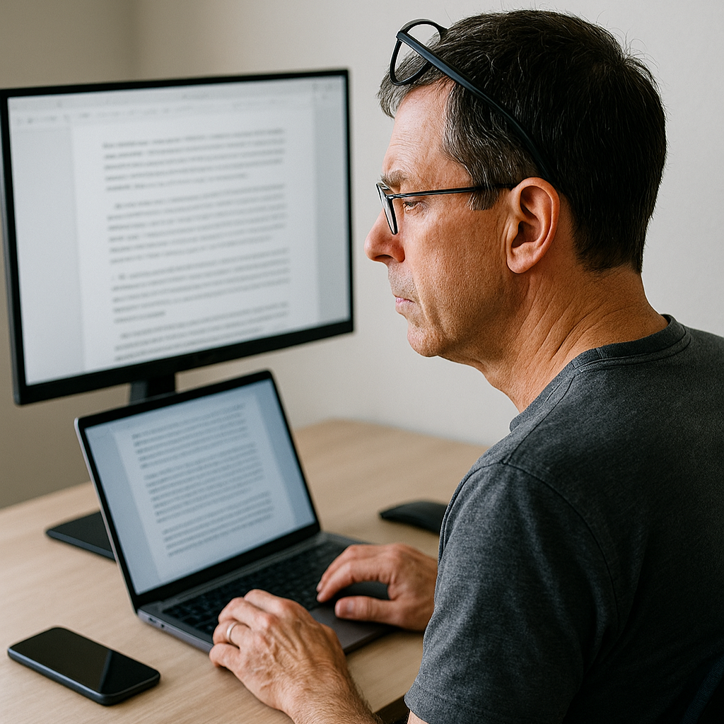 A person using Glassless software on a phone at a desk