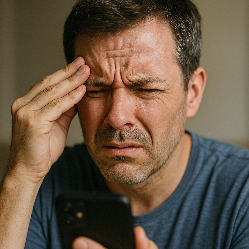 A person in their forties holding a phone farther away to read it